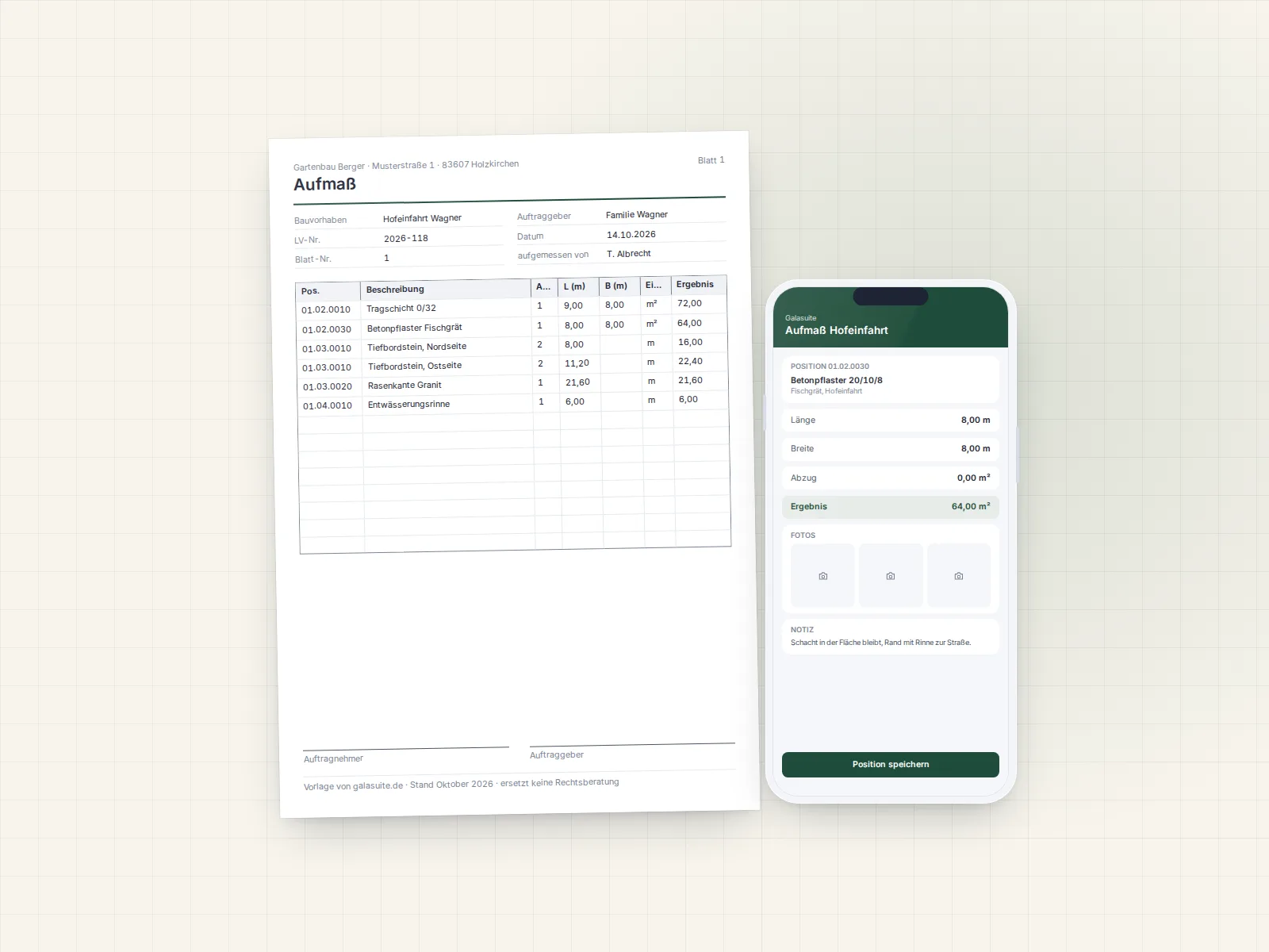 Ausgefülltes Aufmaßblatt für eine Hofeinfahrt mit Positionen, Maßen und Ergebnissen, davor das Aufmaß in der Galasuite-App