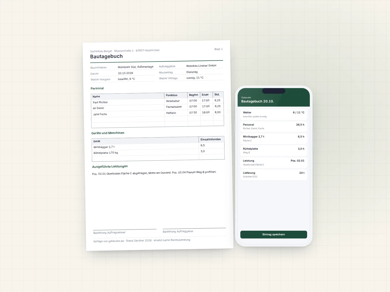 Ausgefülltes Bautagebuch mit Wetter, Personal, Geräten und Leistungen, davor der Tageseintrag in der Galasuite-App